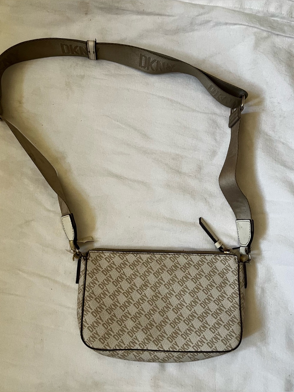 DKNY Beige Monogram Mini Crossbody Bag with Wide Strap